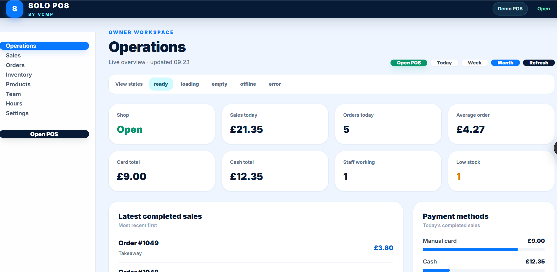 SOLO POS owner operations preview showing sales, orders and stock